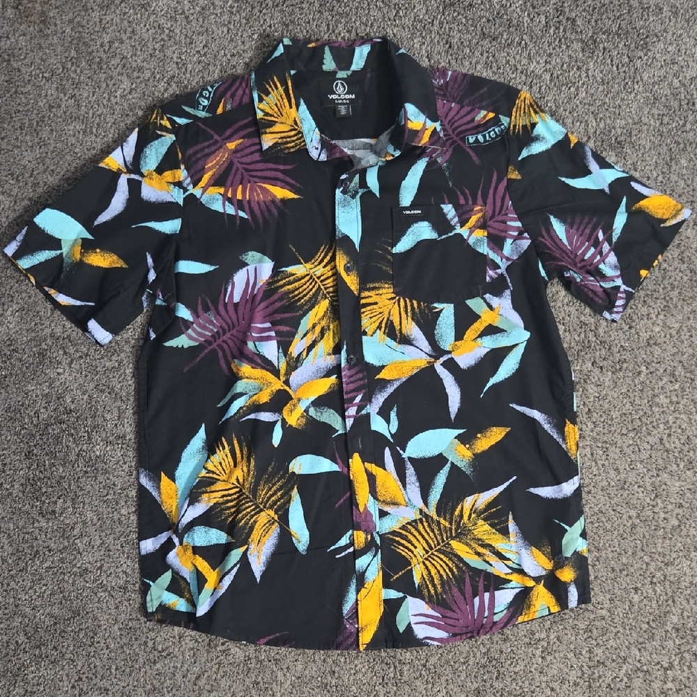 Volcom Men's Leaf Print Shirt - Black, Yellow, and Blue